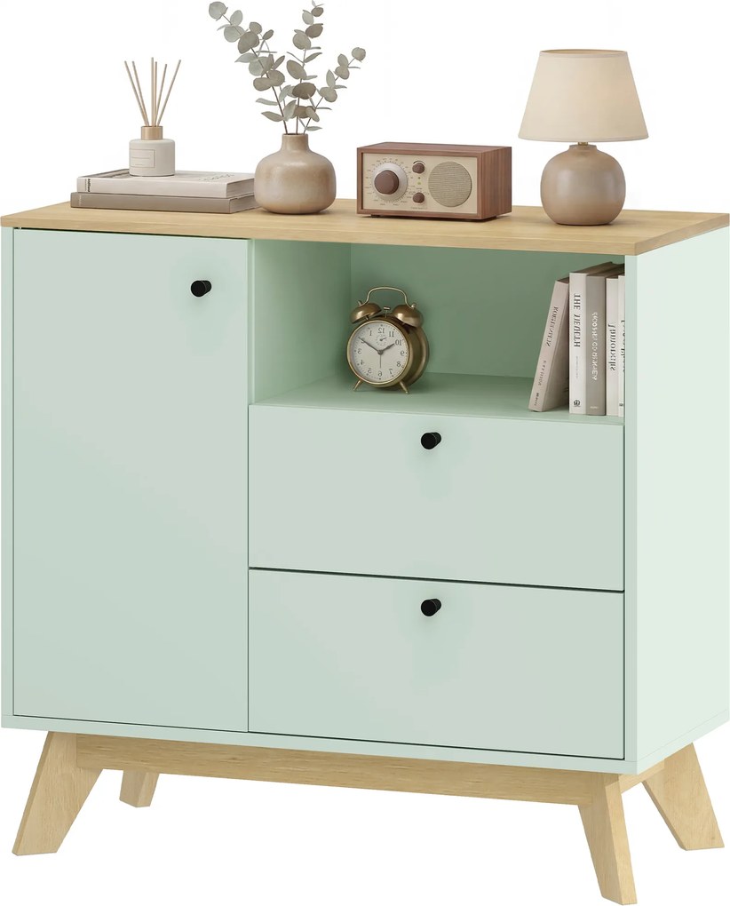 Aparador de sala 80 (L) x 35 (P) x 76,3 (A) cm, móvel de arrumação com porta, 2 gavetas, compartimento aberto e prateleira ajustável, verde claro e co