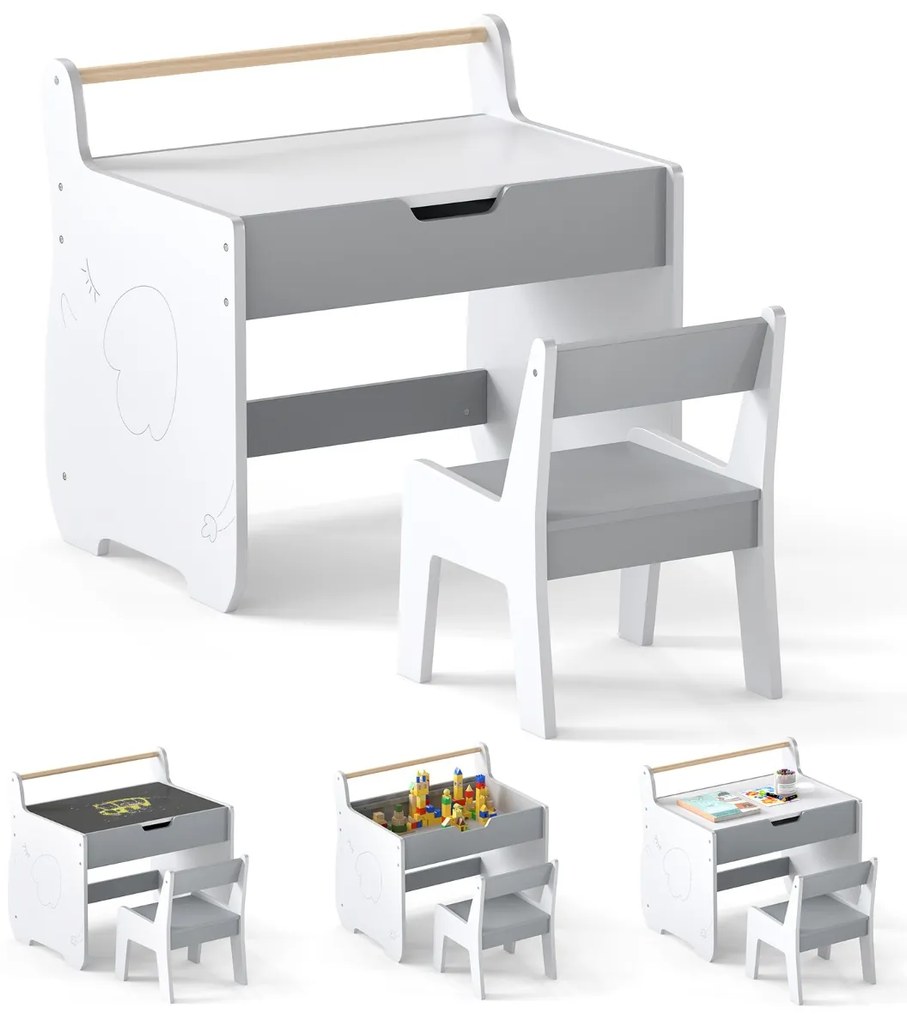 Conjunto de mesa e cadeira infantil de madeira 2 em 1 para crianças com tabuleiro removível, cinzento e branco
