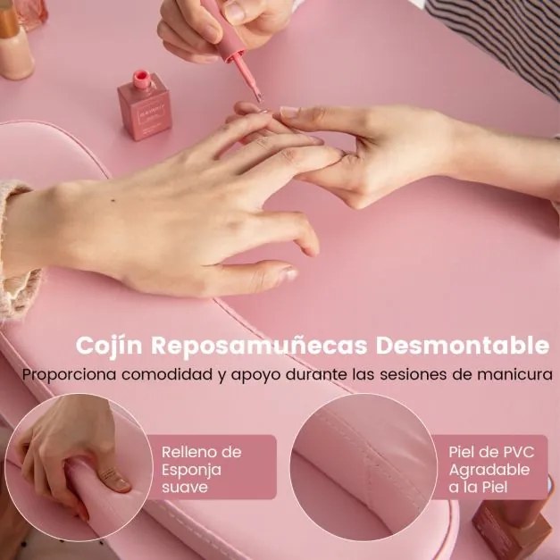 Mesa de manicure com gavetas Apoio para os pulsos Pernas metálicas para salão de beleza 108 x 45 x 76 cm Rosa