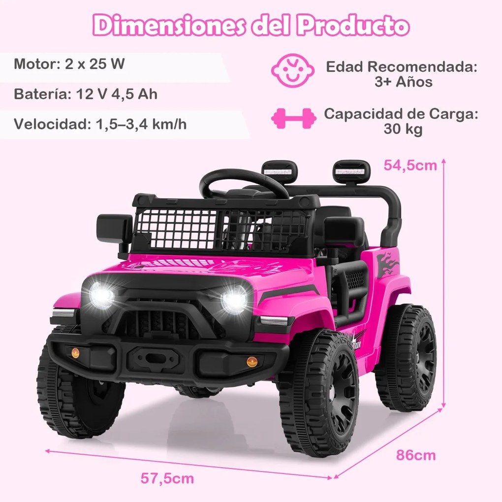 Carro elétrico para crianças 12V com comando à distância, volante, painel musical, buzina, faróis, espelhos rebatíveis e 4 rodas cor-de-rosa