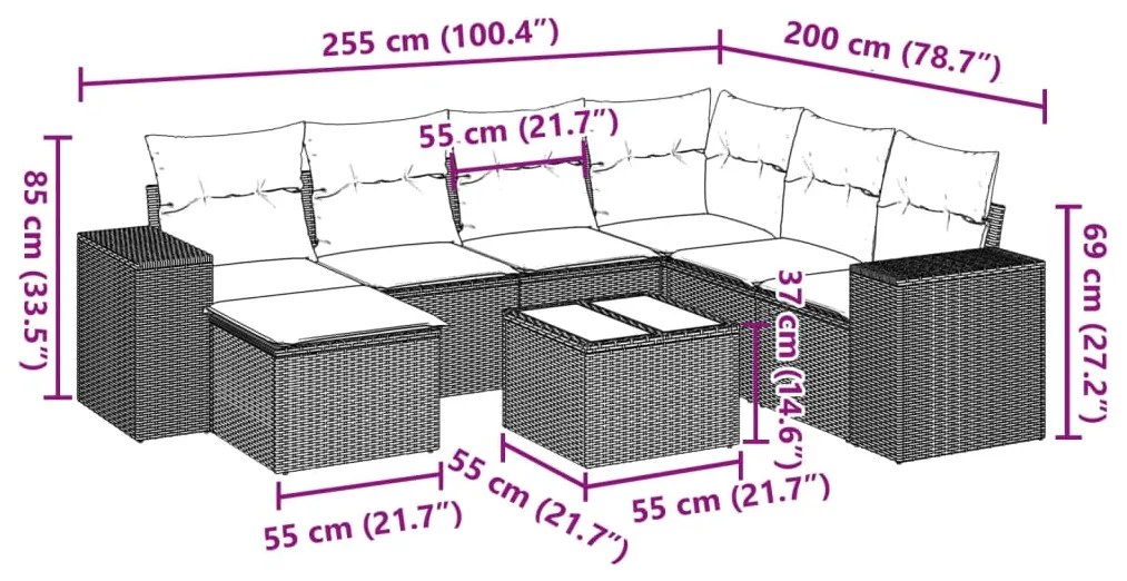 8 pcs conjunto sofás de jardim c/ almofadões vime PE castanho