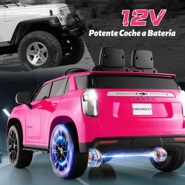 Carro elétrico com bateria de 12V para crianças SUV Chevrolet Taho com controlo remoto 2.4G Luzes de suspensão de mola Música Rosa