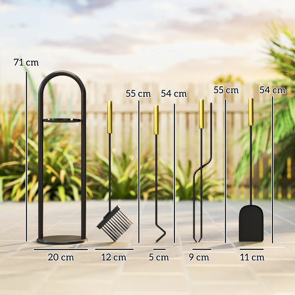 Conjunto de Acessórios para Lareira de 5 Peças de Metal com Vassoura Pá Tenazes Atiçador e Suporte 20x20x71 cm Dourado