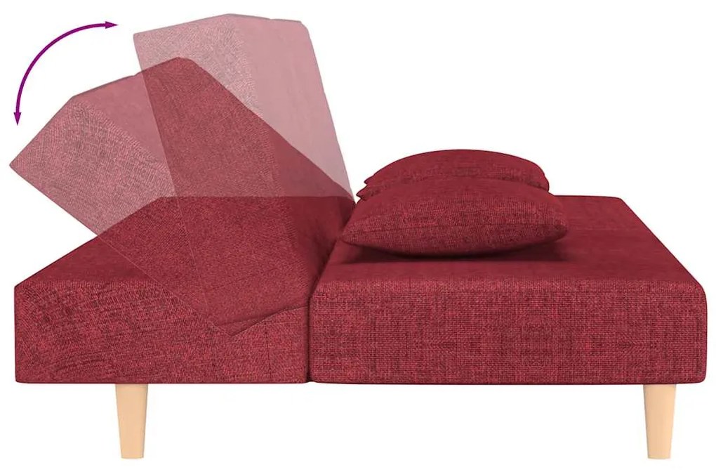 Sofá-cama 2 lugares com duas almofadas tecido vermelho tinto