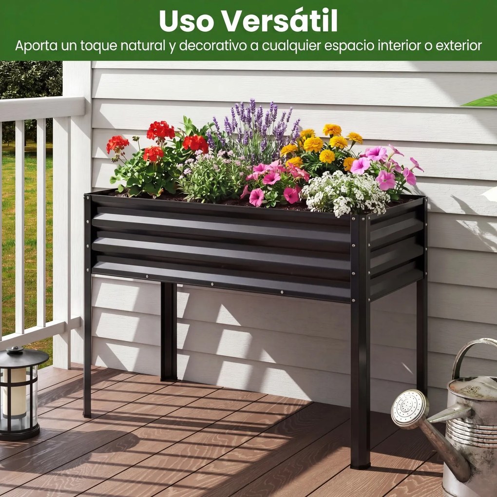 Floreira Elevada de Metal 112 x 55 x 81 cm com Revestimento Eletroforético e Drenagem para Legumes, Flores e Frutas - Preta