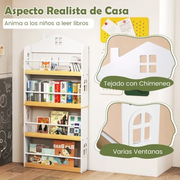 Estante infantil desenho Casa 61 x 15 x 130 cm com 4 níveis com barreiras antiqueda e barra metálica Branco e Natural