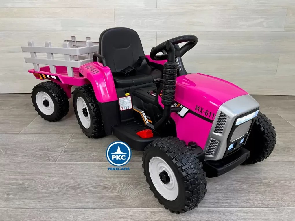 Trator Eléctrico para Crianças Peketrac 5100 12V Com reboque e rodas de Borracha Rosa