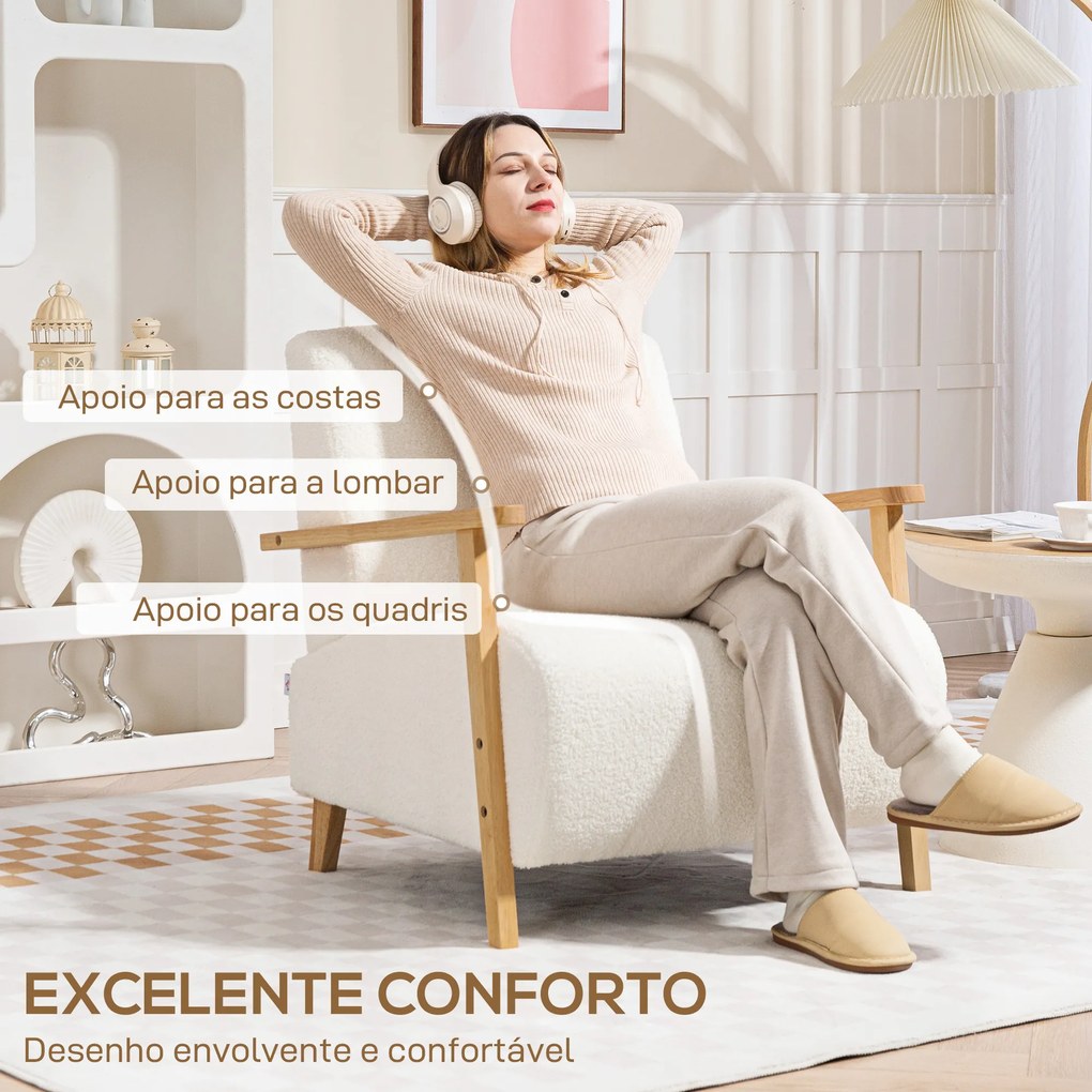 Poltrona Nórdica Poltrona Sala de Estar Estofada em Borrego com Apoio para os Braços de Madeira  74,5x76x78 cm Creme