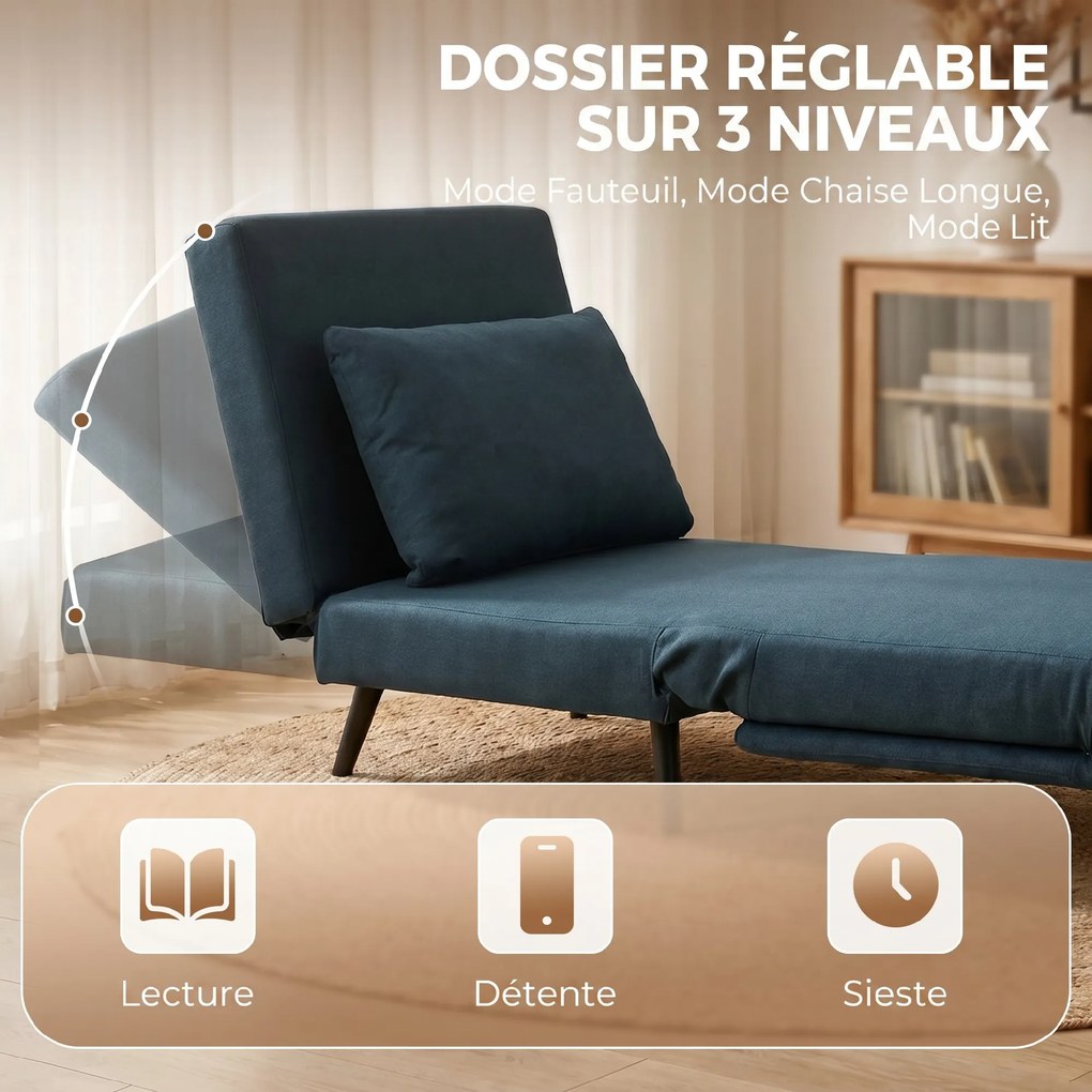 Poltrona-cama de 1 lugar, poltrona-cama 3 em 1 com encosto ajustável, almofada, assento largo, azul