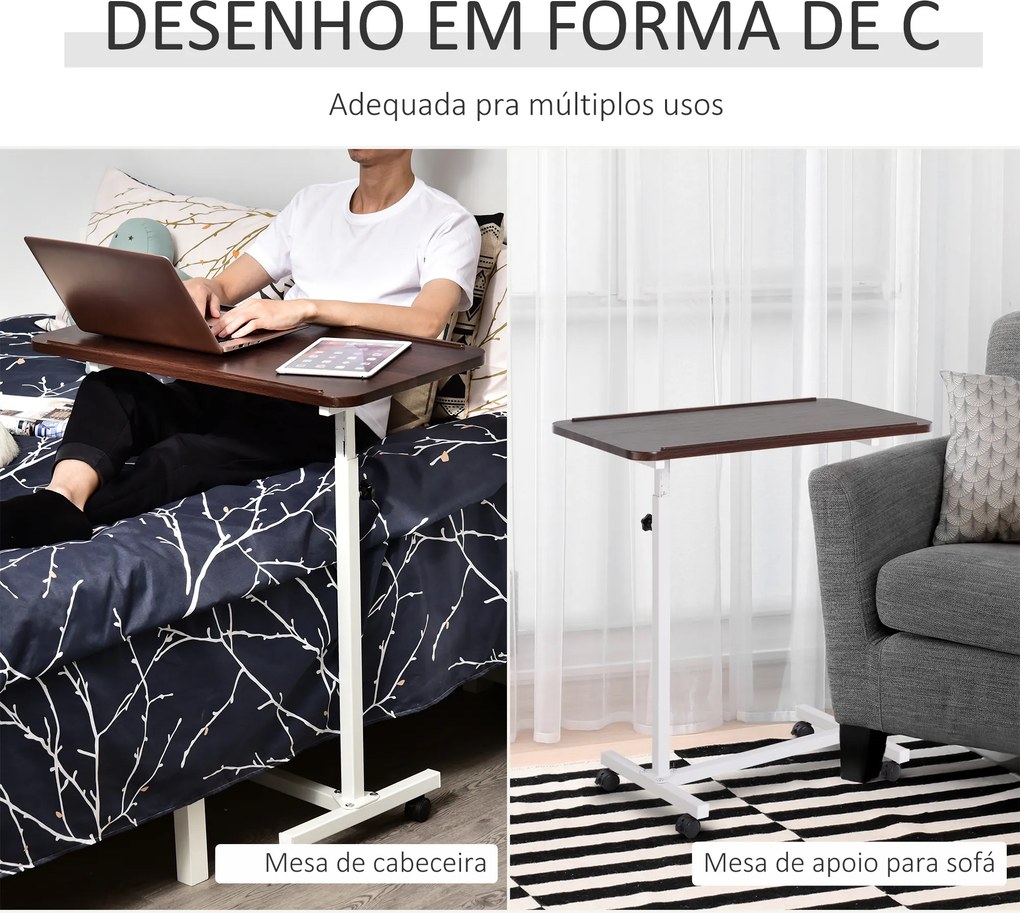 Mesa Auxiliar com Rodas para Sofá e Cama Altura Ajustável e Estrutura de Aço 77x40x76-100 cm Nogueira Escura