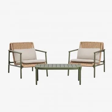 Conjunto De Jardim Com 2 Poltronas E Mesa De Centro Em Alumínio E Rattan Sintético Duroli Verde Azeitona Intenso - Sklum