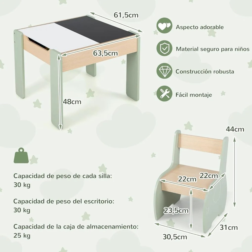 Conjunto de mesa e cadeiras infantil de 3 peças com arrumação e quadro removível para sala de jogos e creche verde