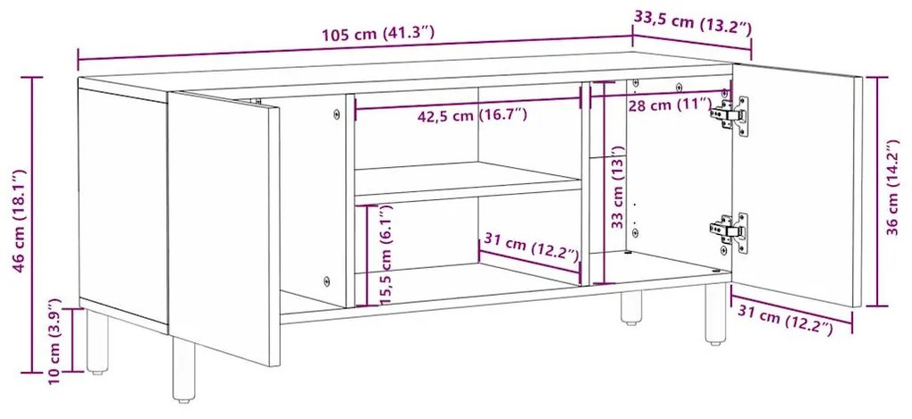 Móvel de TV 105x33,5x46cm madeira mangueira áspera maciça preto