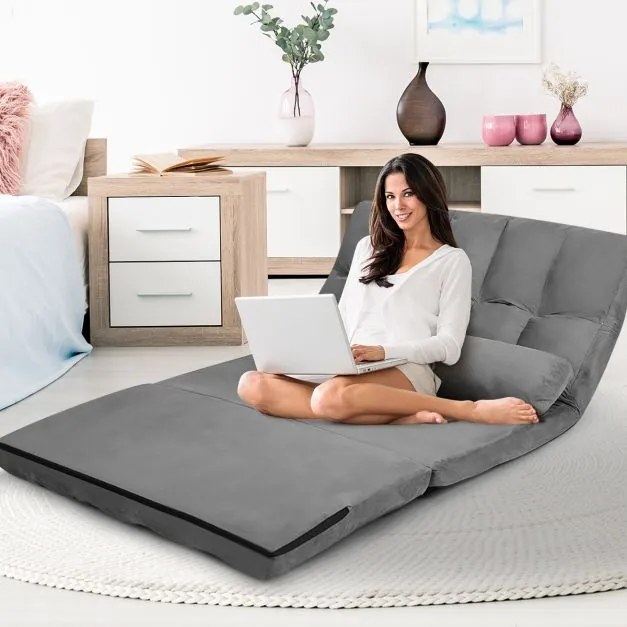 Sofá de chão ajustável Sofá-cama dobrável em 6 posições Revestimento removível em camurça com 2 almofadas Cinza