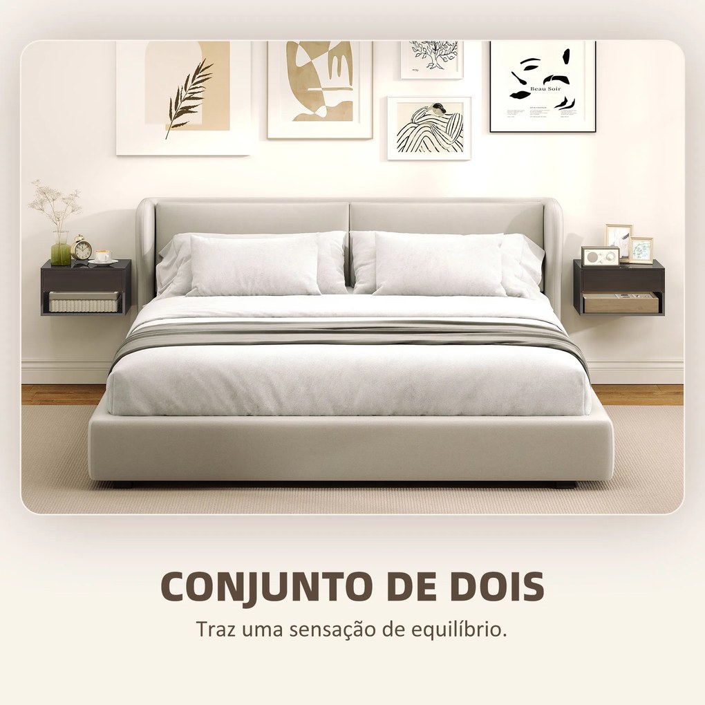 Conjunto de 2 Mesas de Cabeceira de Parede Mesas de Cabeceira Gaveta Compartimento Aberto Tampo 37x32x21 cm Preto