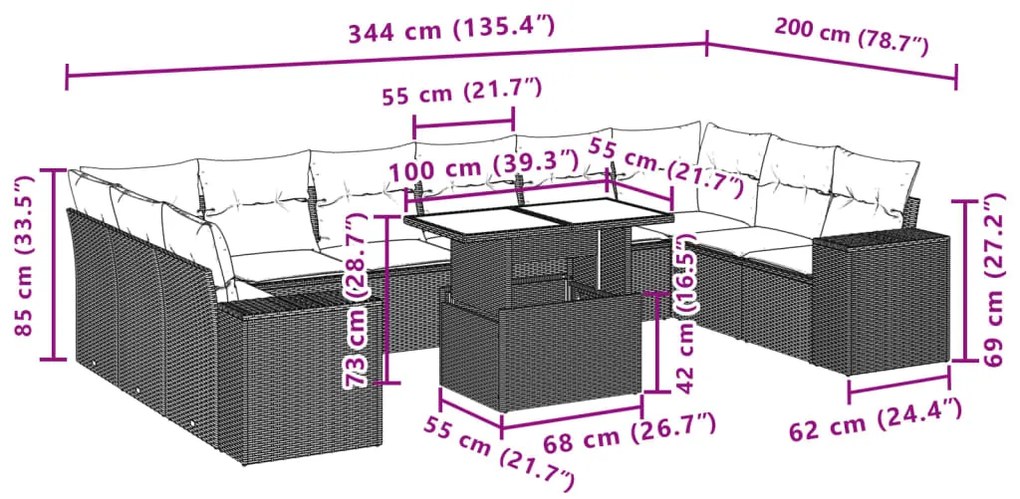 11 pcs conjunto sofás de jardim c/ almofadões vime PE preto