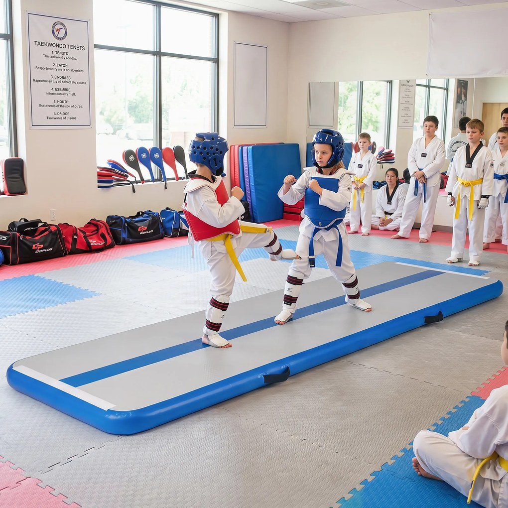 Colchão de ginástica insuflável com bomba elétrica 297 x 98 x 11 cm, saco de transporte e remendo de reparação portátil para fitness e ioga, azul