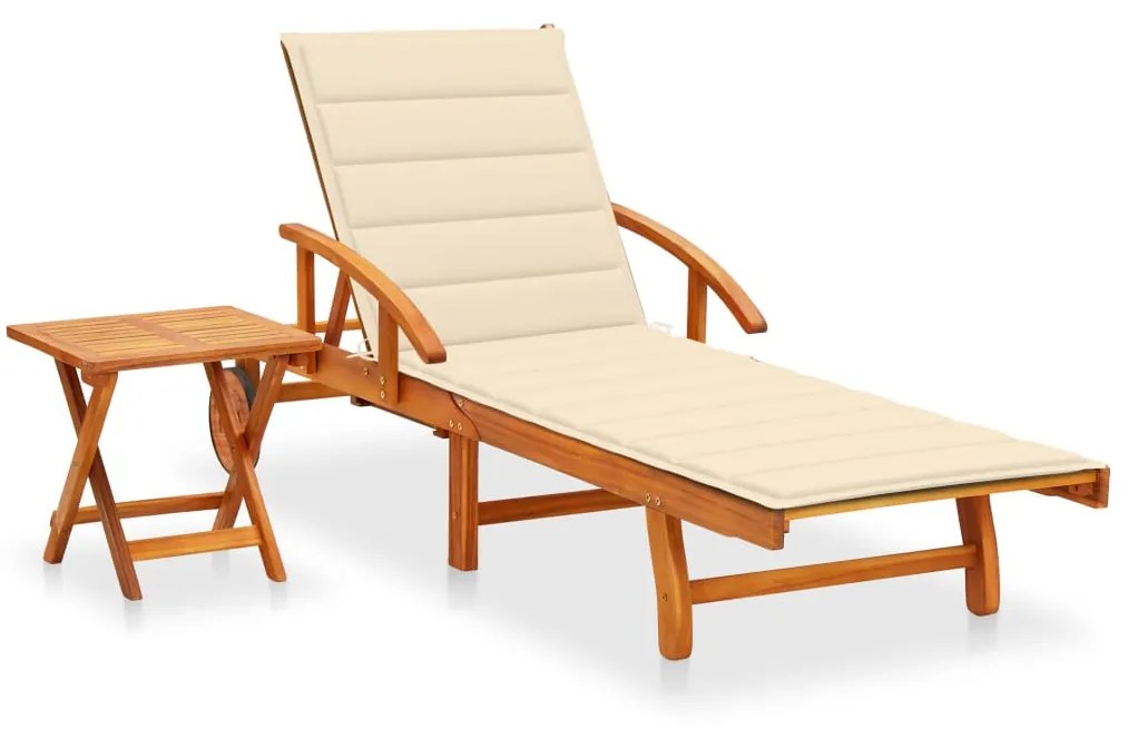 vidaXL Espreguiçadeira de jardim com mesa e almofadão acácia maciça