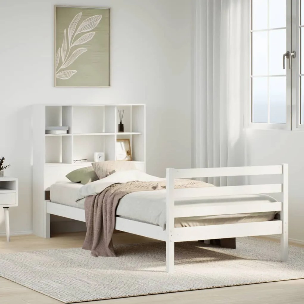 vidaXL Cama com estante sem colchão 90x200 cm pinho maciço branco