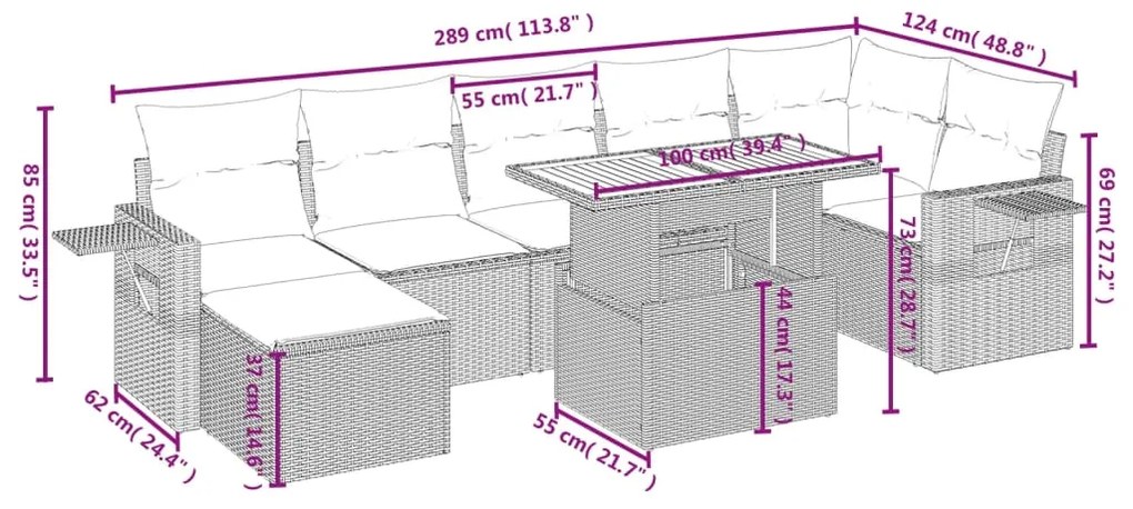 8 pcs conjunto de sofás p/ jardim com almofadões vime PE bege