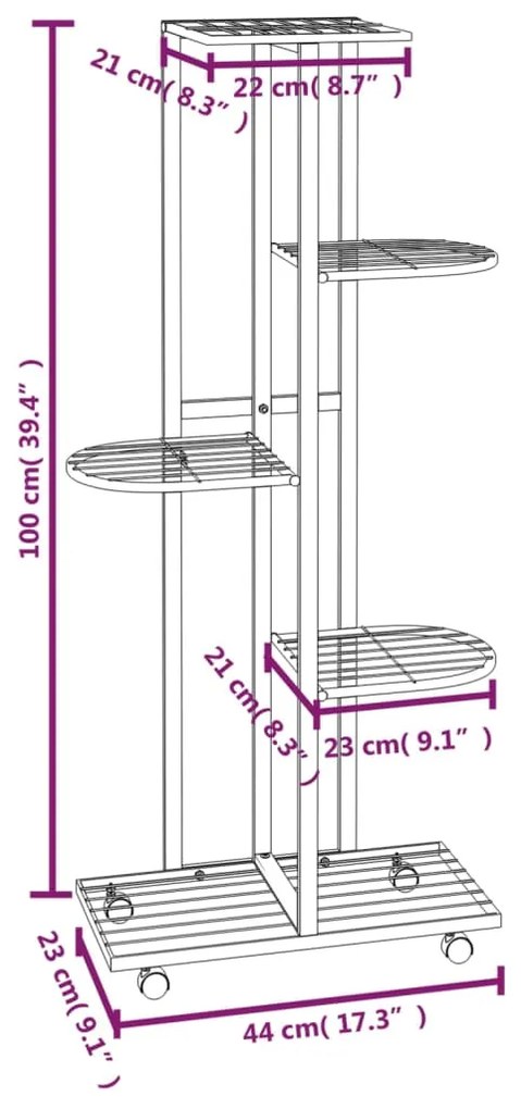 Suporte vasos c/ 5 prateleiras/rodas 44x23x100 cm ferro preto