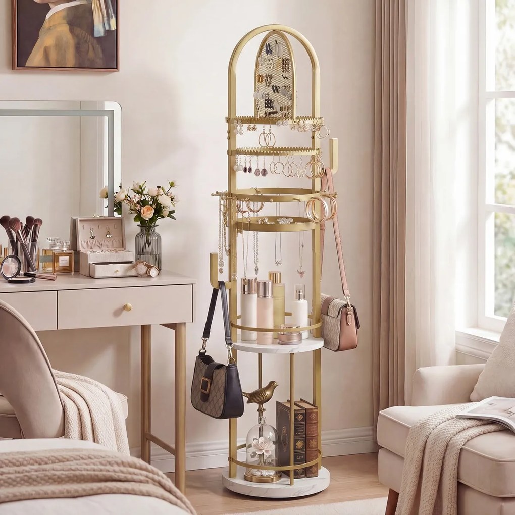 Organizador giratório 360º 33 x 33 x 148 cm com cabides e prateleiras para joias e carteiras Branco e Dourado