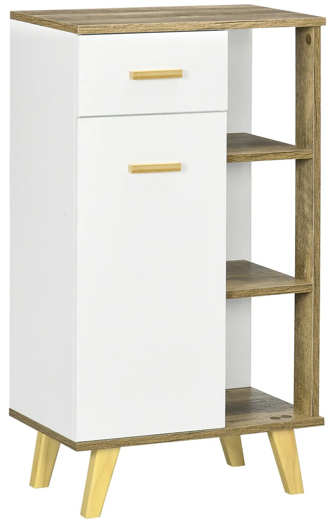 kleankin Armário Auxiliar Casa de Banho Armário Multiuso com Gaveta 1 Porta e 3 Prateleiras Laterais 50x30x89cm Branco e Madeira | Aosom Portugal