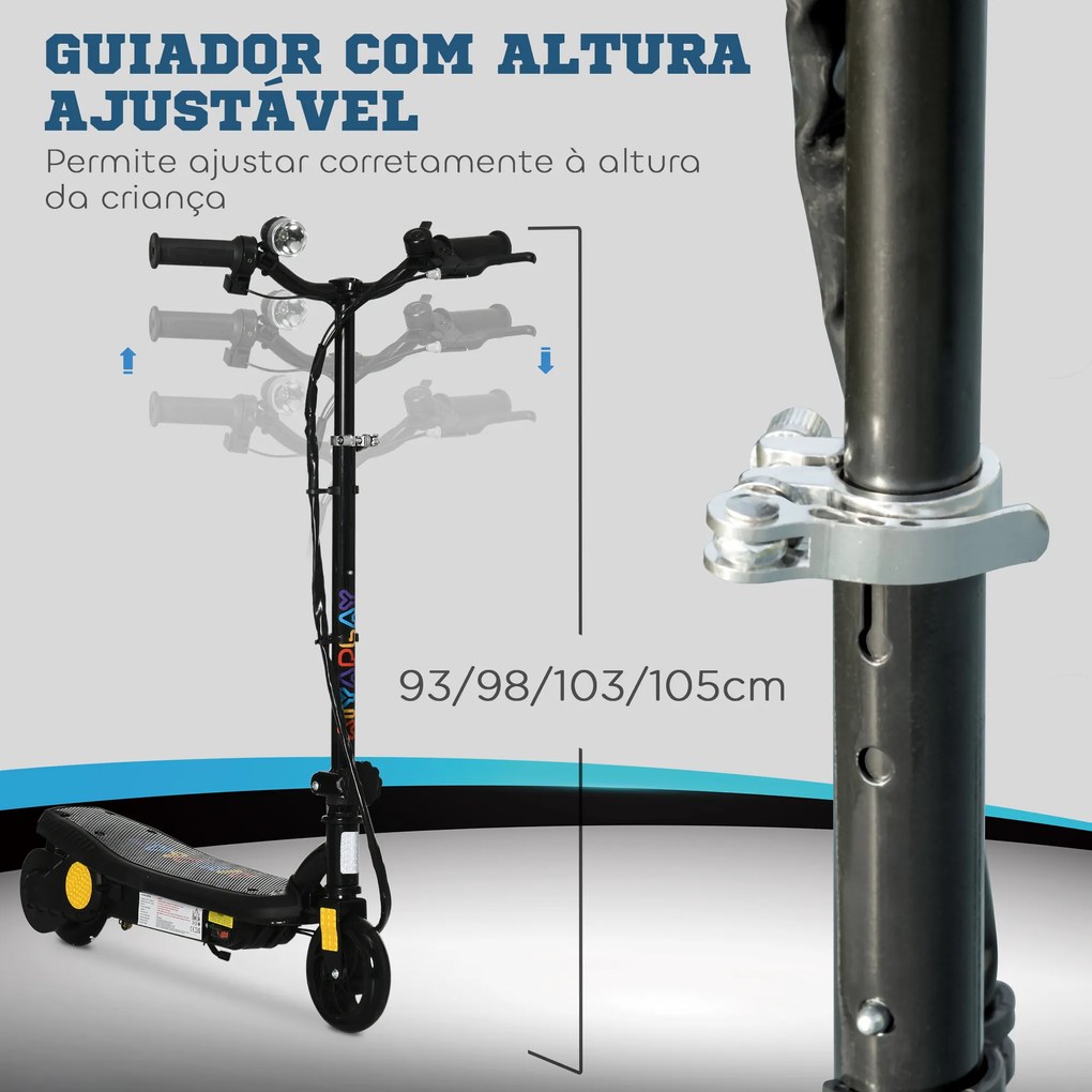 Trotinete Elétrica Dobrável com Velocidade Máx. 12 km/h Motor 120 W Autonomia Máxima 10 km e Farol LED 75x48x93-105 cm Preto