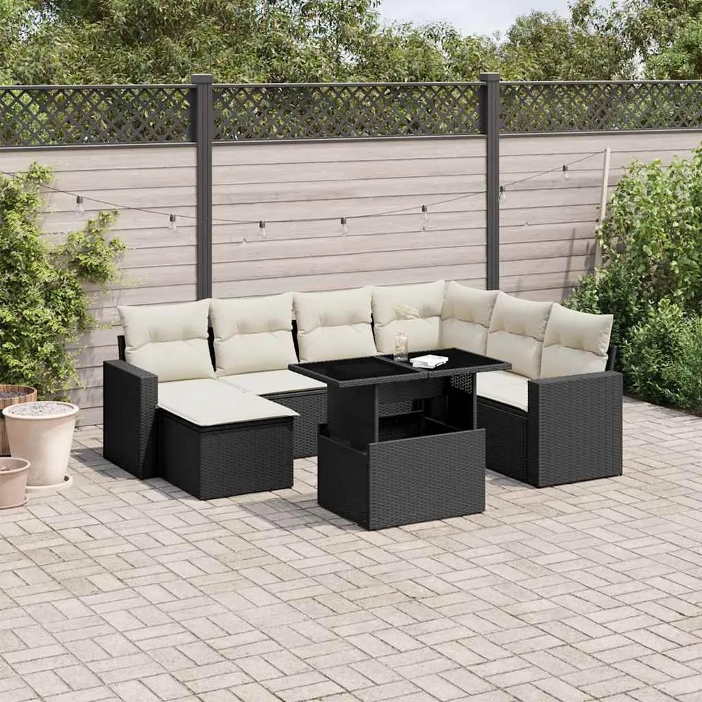 8 pcs conjunto sofás de jardim com almofadões vime PE preto