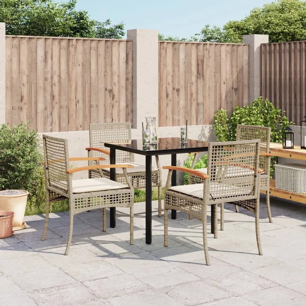 5 pcs conjunto de jantar p/ jardim com almofadões vime PE bege