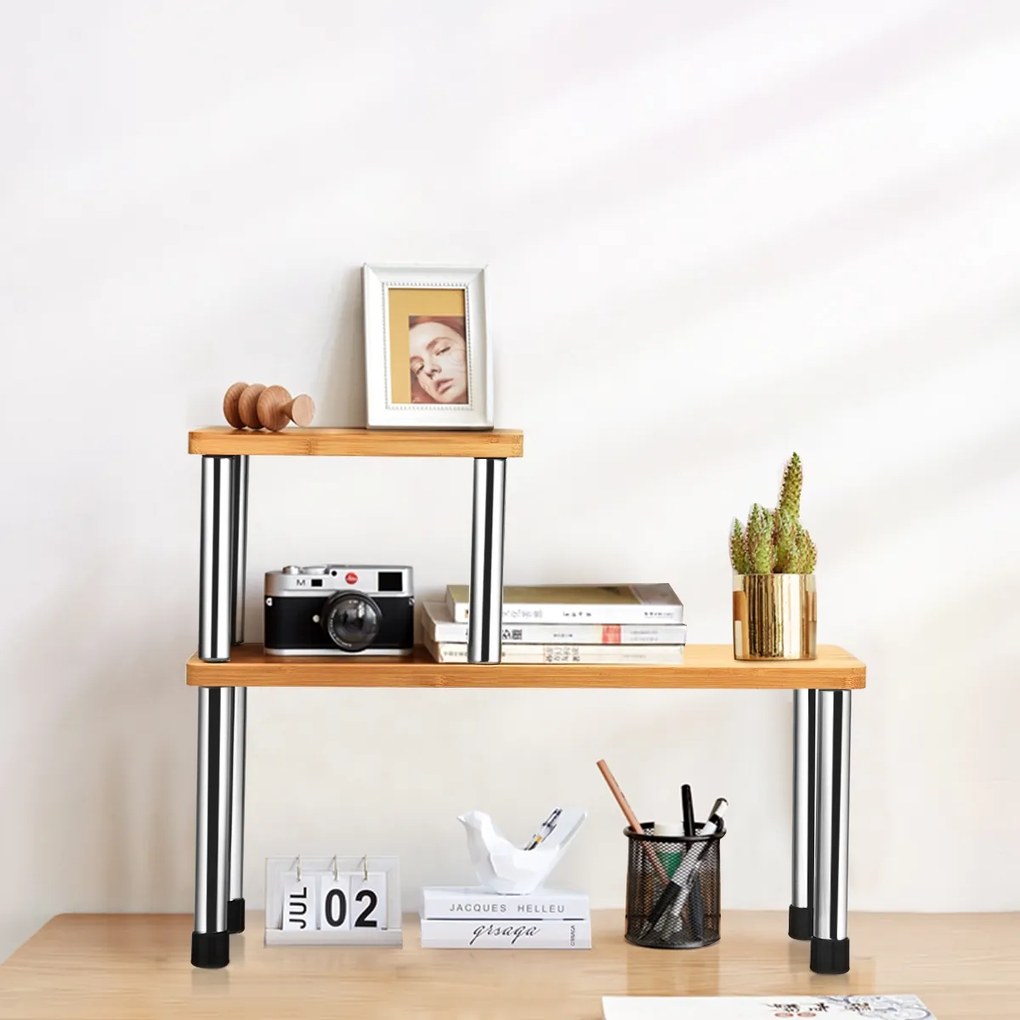 Prateleira com 2 Prateleiras de ângulo rectangular em Bambu e Aço Inoxidável para maximizar o uso do espaço 45 x 16 x 35 cm