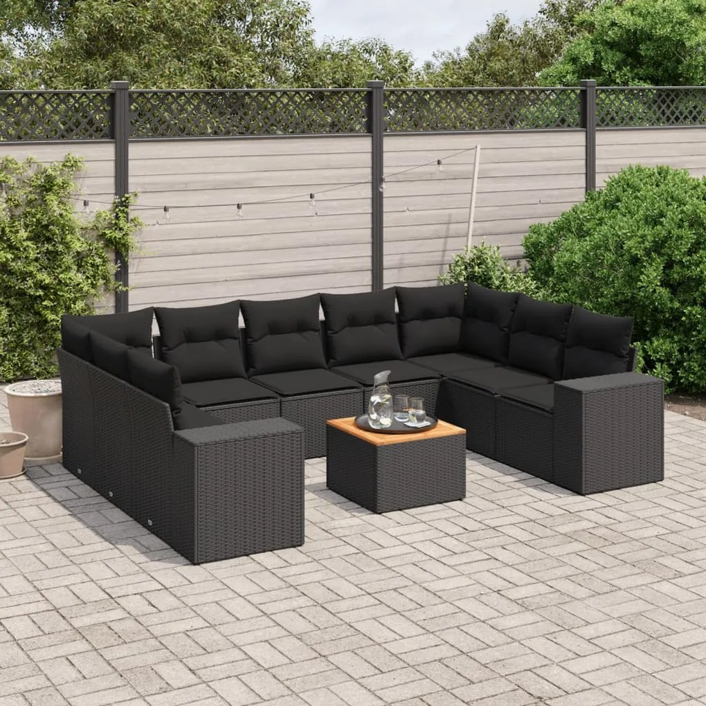 vidaXL 10 pcs conjunto sofás de jardim c/ almofadões vime PE preto