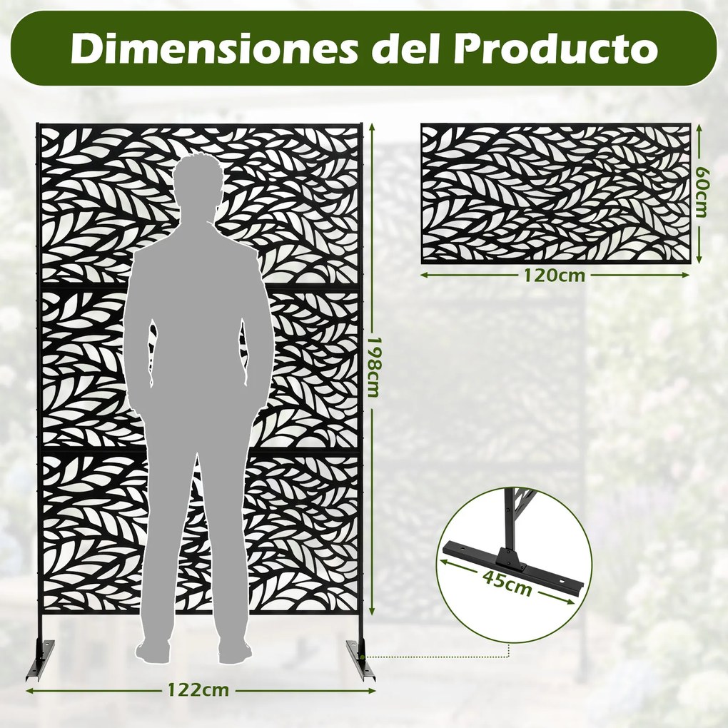 Biombo de Privacidade com Motivo de Folhas, 123 x 45 x 198,5 cm, Estrutura em Metal Galvanizado, Preto