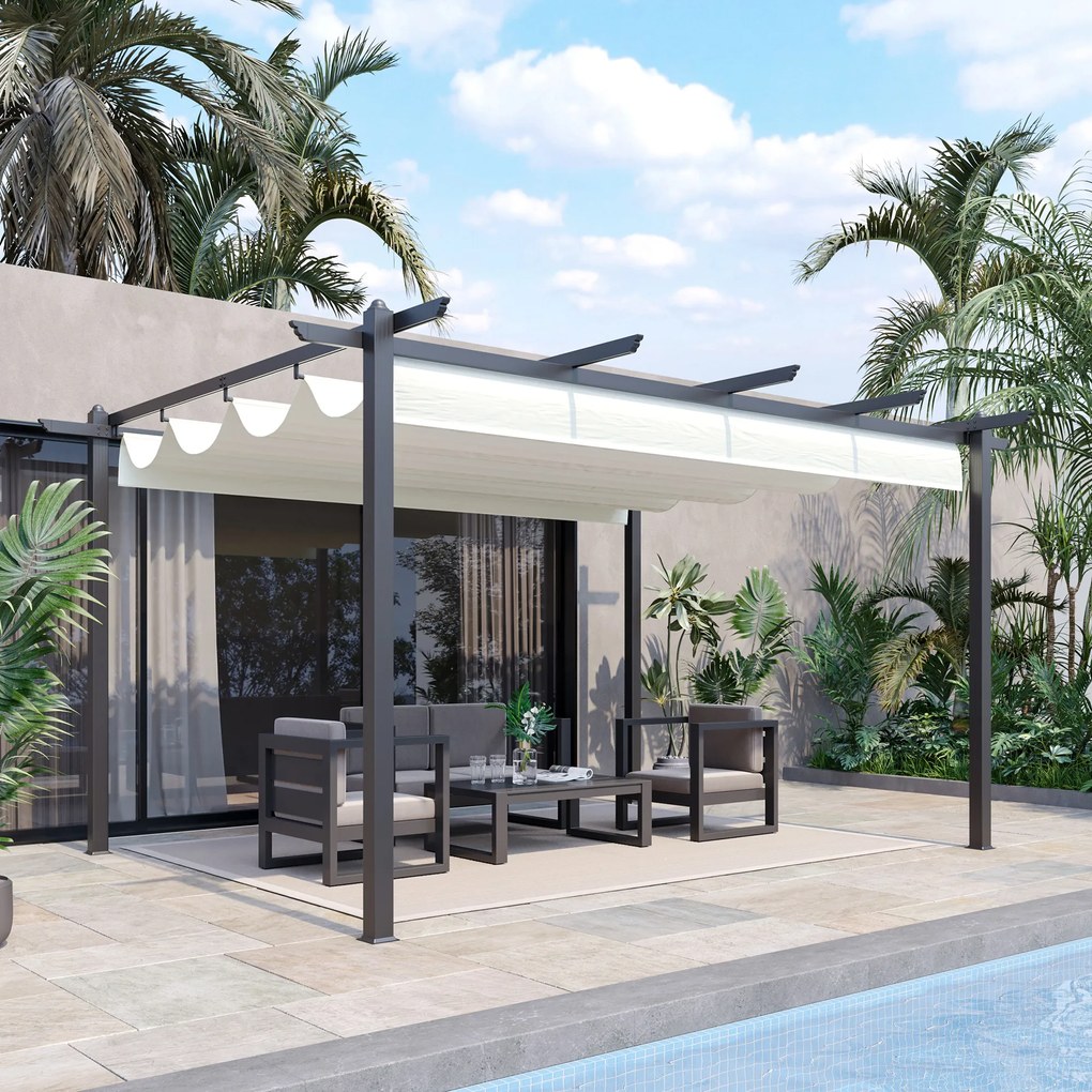 Outsunny Pérgola de Alumínio 4x3 Pérgola de Jardim com Teto Retrátil Tecido de Poliéster e 8 Orifícios de Drenagem para Pátio Terraço Exterior Creme