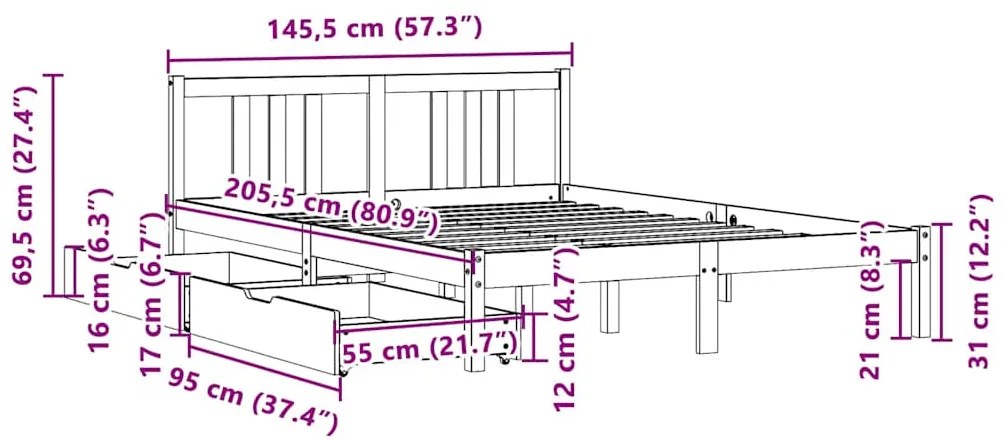 Cama sem colchão 140x200 cm madeira de pinho maciça branco