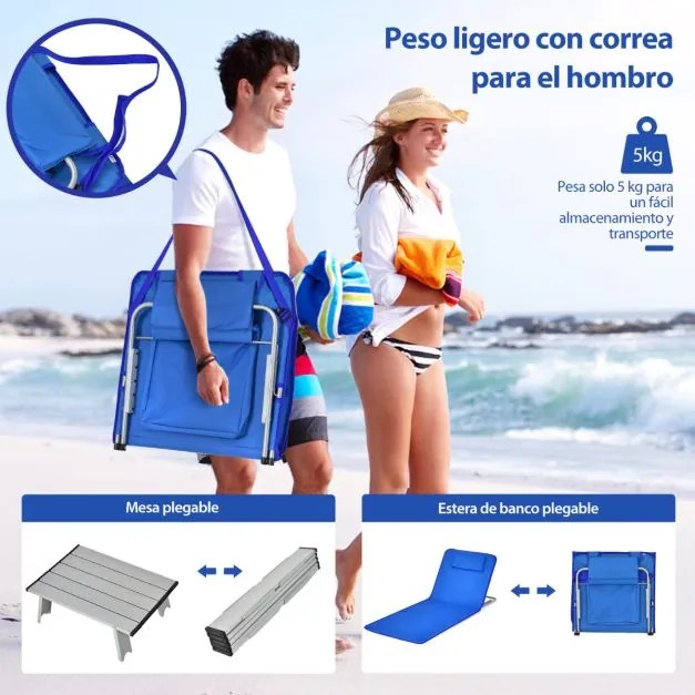 Conjunto de 2 espreguiçadeiras de praia dobráveis Tapetes de praia com mesa portáteis para a praia, jardim, campismo azuis