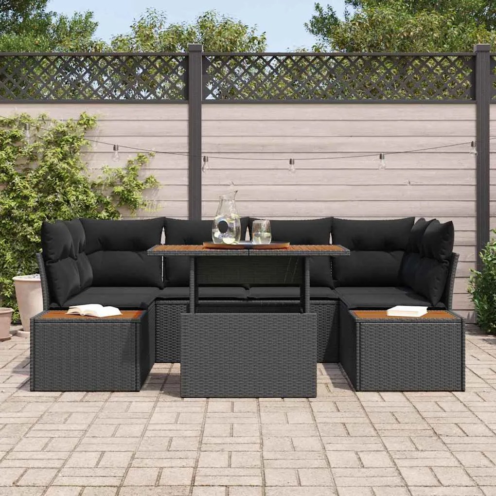 Conjunto de Jantar para Jardim com 7 peças e almofadas pretas em ratta
