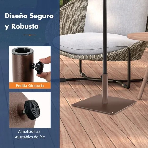 Base quadrada 50 x 50 x 32 cm para guarda-sol de 16 kg com 4 almofadas de apoio ajustáveis para postes de 4 e 5 cm, castanha