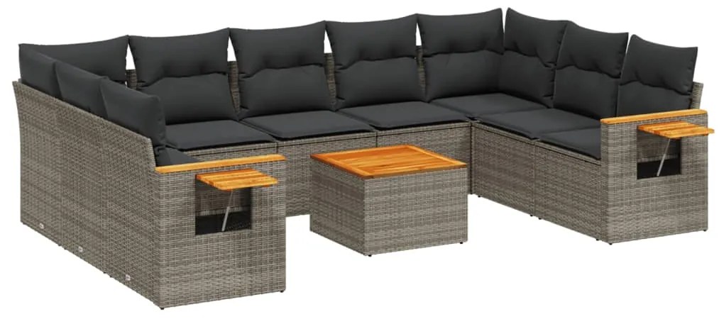 10 pcs conjunto sofás de jardim c/ almofadões vime PE cinzento