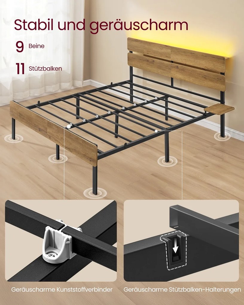 Estrutura de cama de casal 160 x 200 cm com iluminação (COLCHÃO NÃO INCLUIDO), castanho natural