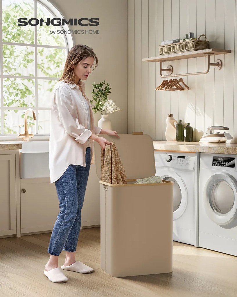 Cesto da roupa suja com dois compartimentos em tecido Oxford 52 x 38,5 x 70,5 cm castanho camelo