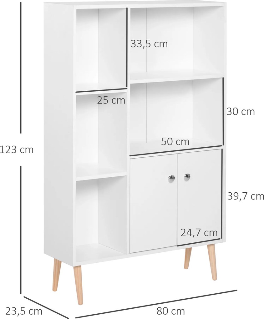 Estante escandinava, móvel de arrumação, 80 x 23,5 x 123 cm, 5 compartimentos abertos, armário com 2 portas, pés cónicos inclinados, madeira maciça, p