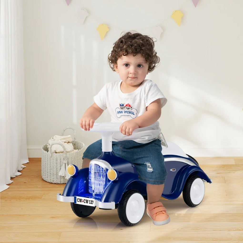 Andarilho carro clássico deslizante com volante, buzina, luz LED e espaço de armazenamento sob o assento para crianças de 19 a 36 meses, azul escuro