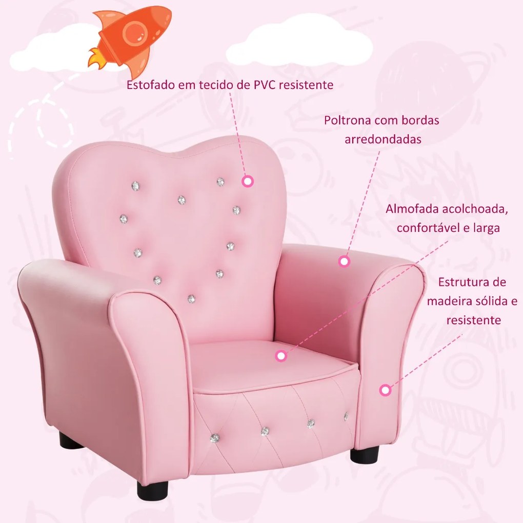 Sofá Infantil para Crianças em Forma de Coração com Assento Apoio para os Braços Acolchoados Encosto Alto 59x41,5x49cm Rosa