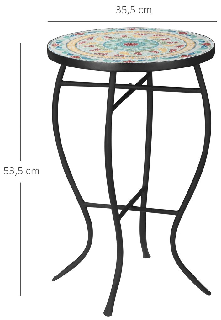 Mesa de Jardim Redonda Mesa Auxiliar de Mosaico com Pés de Metal para Pátio Terraço Exterior Balcão 35,5x35,5x53,5cm Multicor