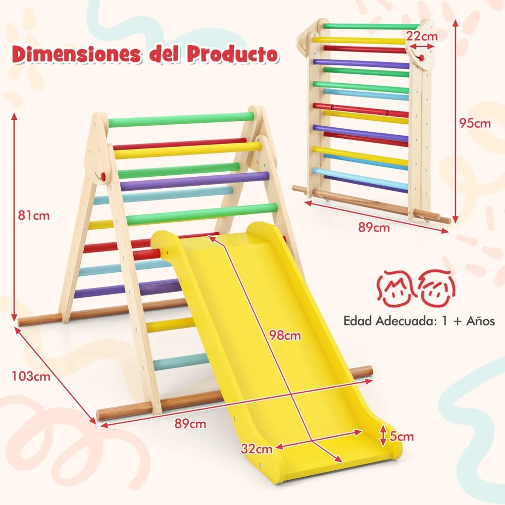 Conjunto de escalada triangular dobrável com escorrega para crianças e barras de madeira de faia Ginásio de interior multicolorido