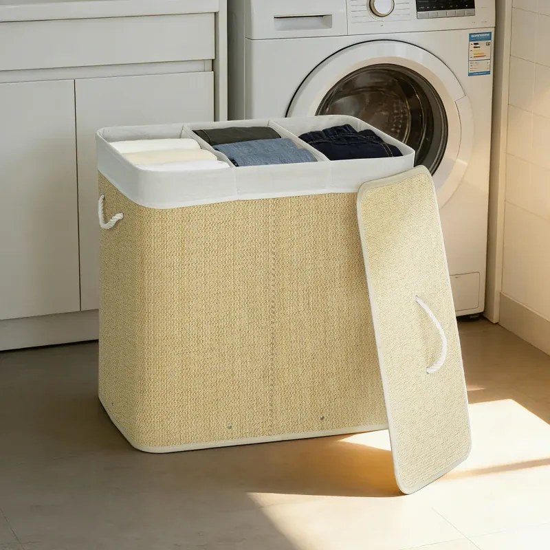 Cesto de Roupa Suja com Tampa 144L de Bambu com 3 Compartimentos 60x40x60 cm Creme