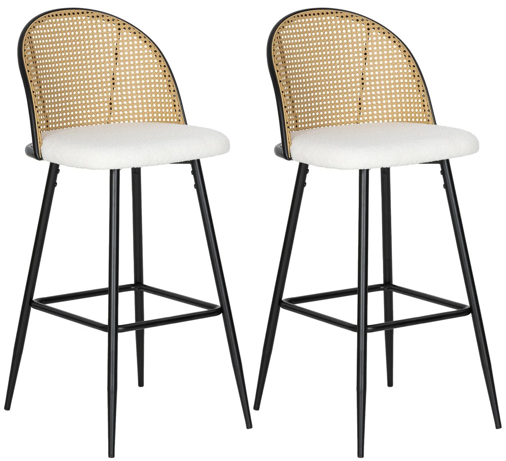 HOMCOM Conjunto de 2 Bancos de Bar Bancos Altos de Cozinha com Encosto de Vime Assento Estofado em Borrego 48x54x102 cm Creme | Aosom Portugal