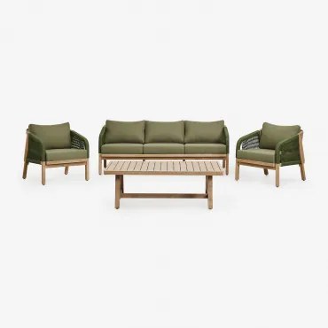 Conjunto De Sala Com Sofá De 3 Lugares, 2 Poltronas E Mesa De Centro Em Madeira De Acácia Dubai Castanho Acácia Rústico & Tecido Verde Exército -