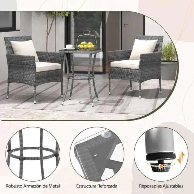 Conjunto de jardim de 3 peças de rattan PE com almofadas e mesa em vidro temperado para varanda, jardim, relvado, pátio cinzento e Bege